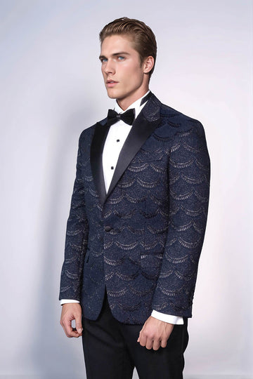Men’s Midnight Navy Patterned Slim Fit Single Breasted Tuxedo Blazer