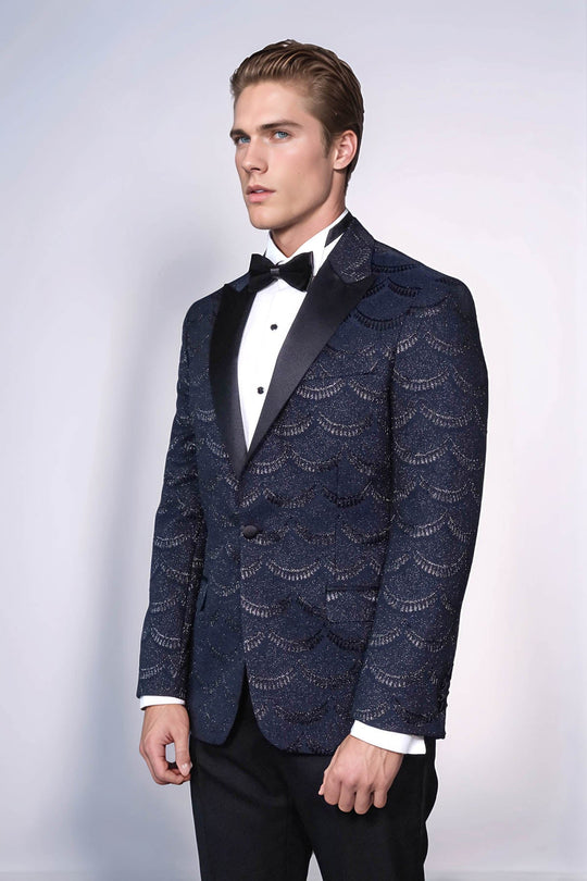 Men’s Midnight Navy Patterned Slim Fit Single Breasted Tuxedo Blazer