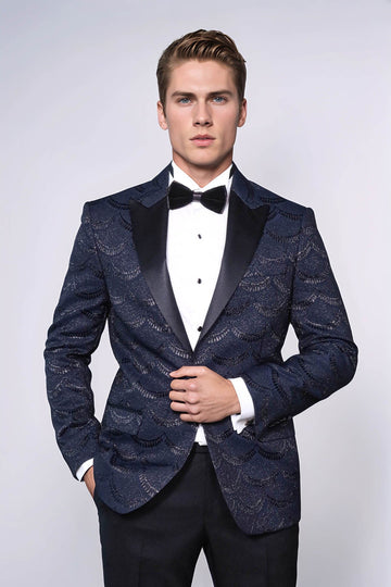 Men’s Midnight Navy Patterned Slim Fit Single Breasted Tuxedo Blazer