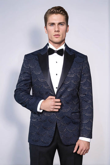 Men’s Midnight Navy Patterned Slim Fit Single Breasted Tuxedo Blazer