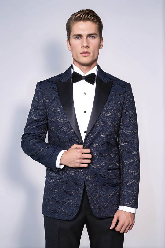 Men’s Midnight Navy Patterned Slim Fit Single Breasted Tuxedo Blazer
