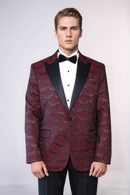 Men’s Burgundy Jacquard Scalloped Pattern Slim Fit Peak Lapel Tuxedo Jacket