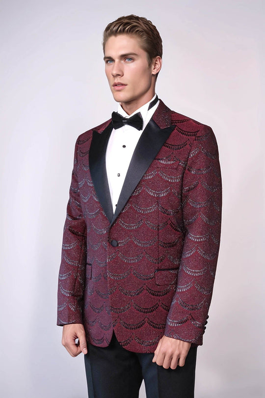 Men’s Burgundy Jacquard Scalloped Pattern Slim Fit Peak Lapel Tuxedo Jacket