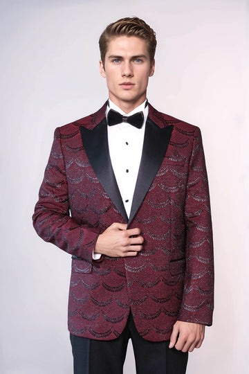 Men’s Burgundy Jacquard Scalloped Pattern Slim Fit Peak Lapel Tuxedo Jacket