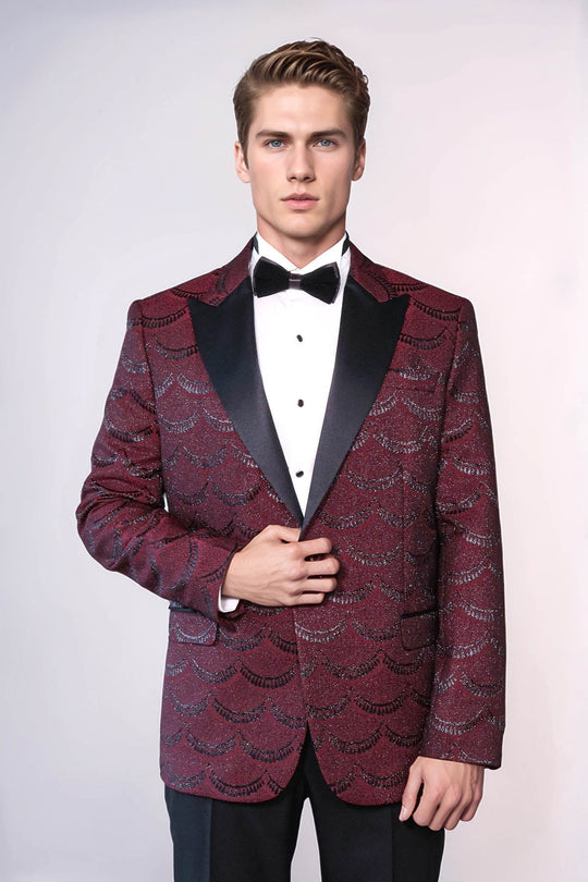 Men’s Burgundy Jacquard Scalloped Pattern Slim Fit Peak Lapel Tuxedo Jacket