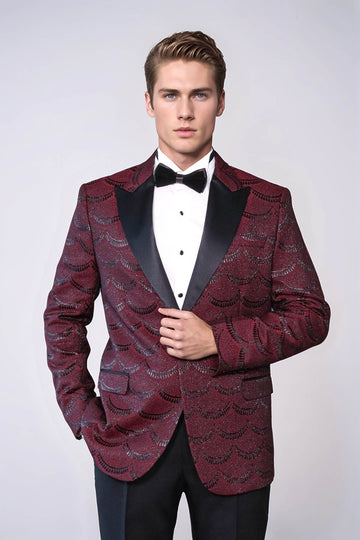 Men’s Burgundy Jacquard Scalloped Pattern Slim Fit Peak Lapel Tuxedo Jacket
