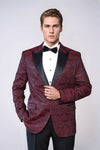 Men’s Burgundy Jacquard Scalloped Pattern Slim Fit Peak Lapel Tuxedo Jacket