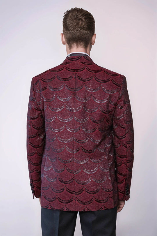 Men’s Burgundy Jacquard Scalloped Pattern Slim Fit Peak Lapel Tuxedo Jacket