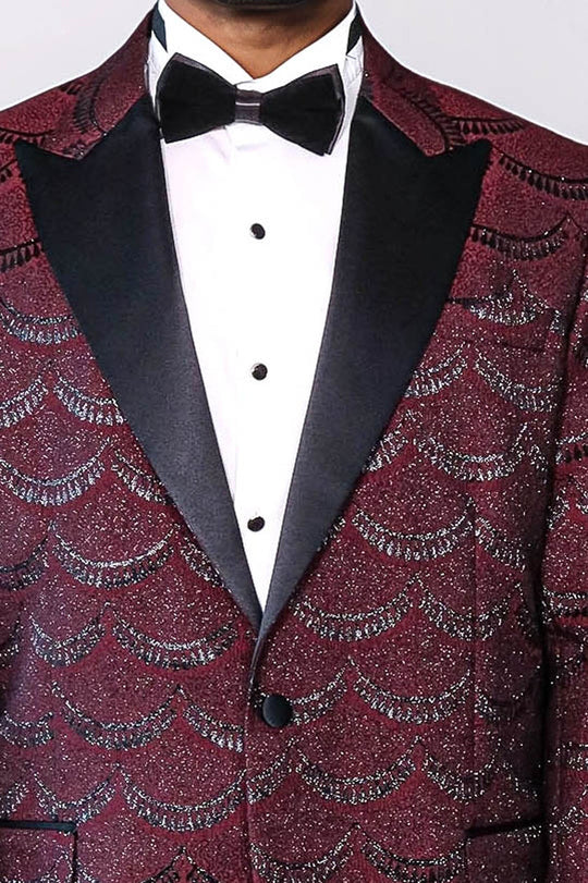 Men’s Burgundy Jacquard Scalloped Pattern Slim Fit Peak Lapel Tuxedo Jacket