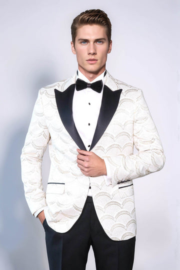 Men’s Arctic White Patterned Slim Fit Single Breasted Dinner Jacket