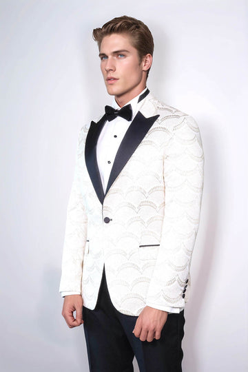 Men’s Arctic White Patterned Slim Fit Single Breasted Dinner Jacket