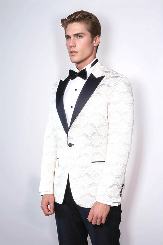 Men’s Arctic White Patterned Slim Fit Single Breasted Dinner Jacket