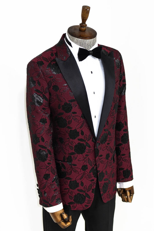 Men’s Burgundy Floral Jacquard Slim Fit Peak Lapel Dinner Jacket