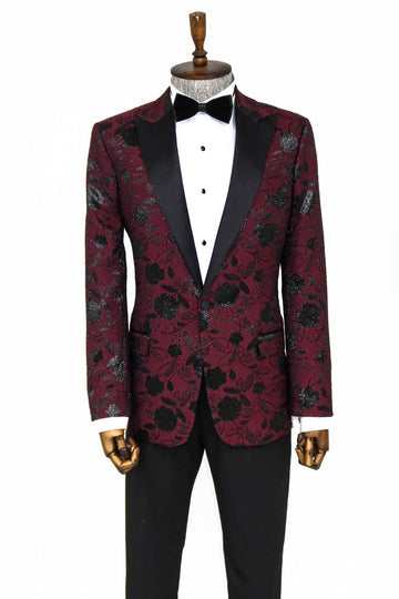 Men’s Burgundy Floral Jacquard Slim Fit Peak Lapel Dinner Jacket