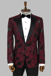 Men’s Burgundy Floral Jacquard Slim Fit Peak Lapel Dinner Jacket