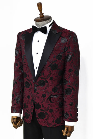 Men’s Burgundy Floral Jacquard Slim Fit Peak Lapel Dinner Jacket