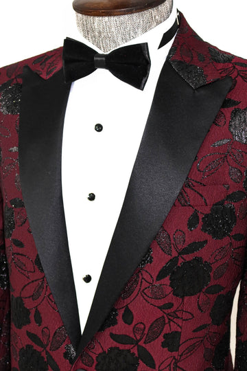 Men’s Burgundy Floral Jacquard Slim Fit Peak Lapel Dinner Jacket