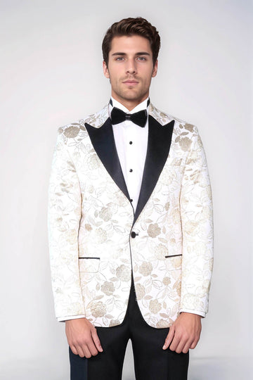 Men’s Arctic White & Gold Floral Jacquard Slim Fit Peak Lapel Dinner Jacket