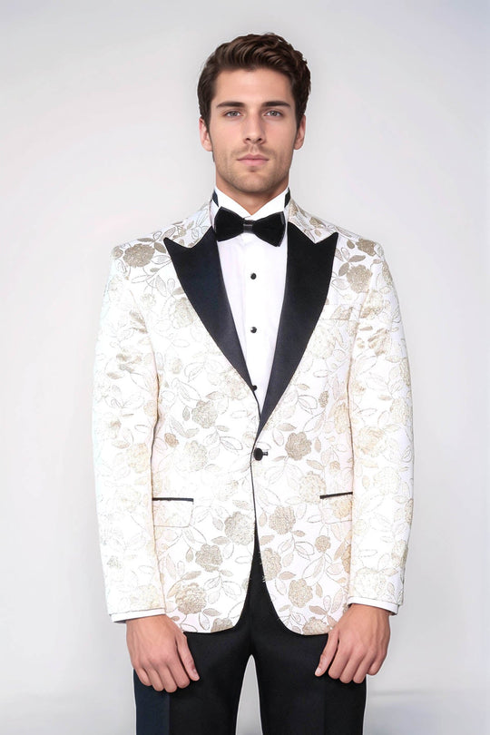 Men’s Arctic White & Gold Floral Jacquard Slim Fit Peak Lapel Dinner Jacket