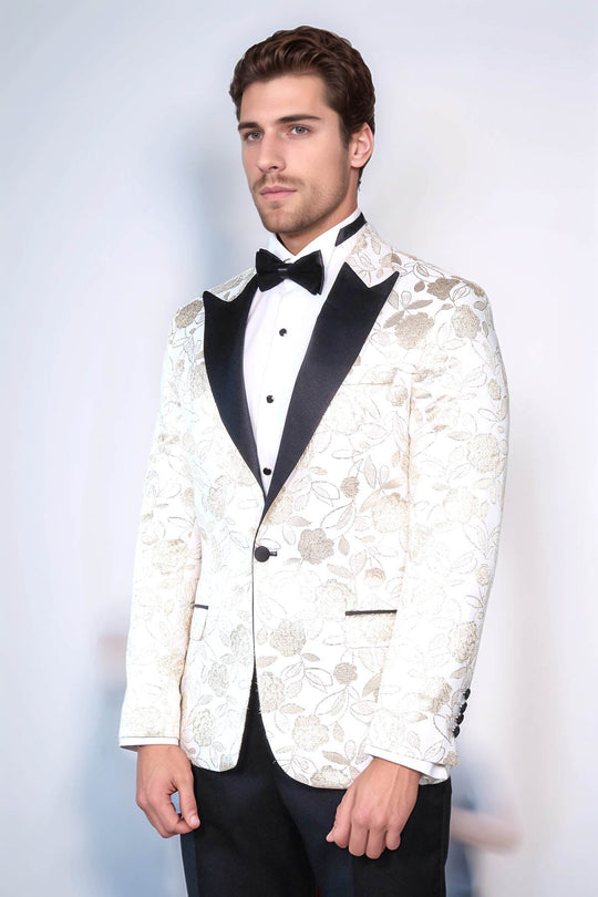 Men’s Arctic White & Gold Floral Jacquard Slim Fit Peak Lapel Dinner Jacket