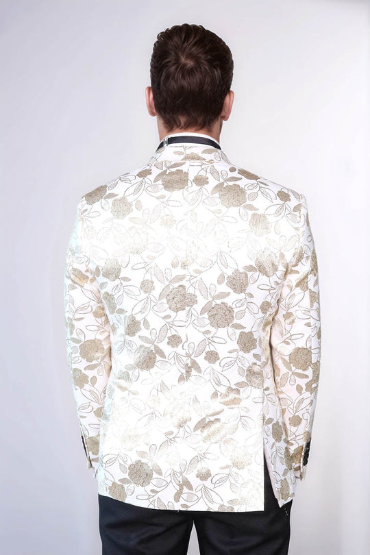 Men’s Arctic White & Gold Floral Jacquard Slim Fit Peak Lapel Dinner Jacket