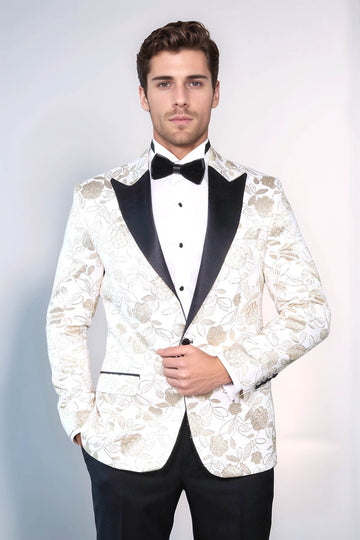 Men’s Arctic White & Gold Floral Jacquard Slim Fit Peak Lapel Dinner Jacket