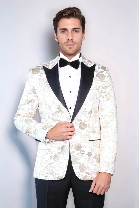 Men’s Arctic White & Gold Floral Jacquard Slim Fit Peak Lapel Dinner Jacket