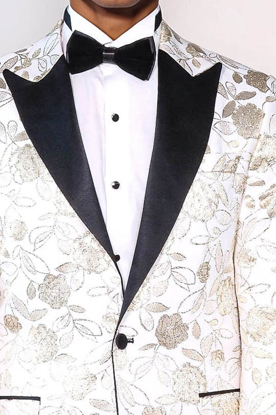 Men’s Arctic White & Gold Floral Jacquard Slim Fit Peak Lapel Dinner Jacket