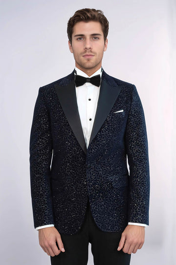 Men’s Midnight Navy Glitter Floral Jacquard Slim Fit Peak Lapel Dinner Jacket