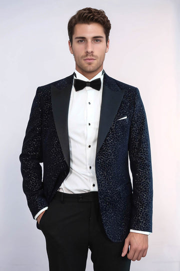 Men’s Midnight Navy Glitter Floral Jacquard Slim Fit Peak Lapel Dinner Jacket