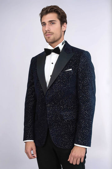 Men’s Midnight Navy Glitter Floral Jacquard Slim Fit Peak Lapel Dinner Jacket