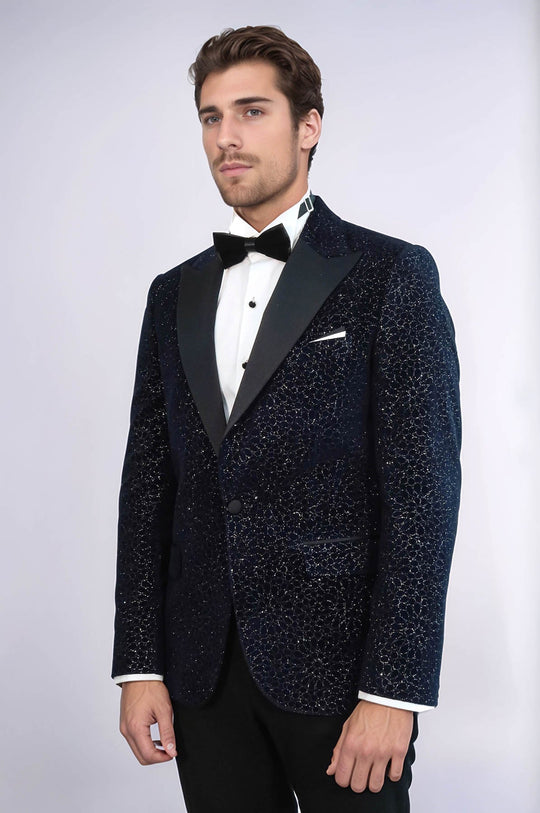 Men’s Midnight Navy Glitter Floral Jacquard Slim Fit Peak Lapel Dinner Jacket