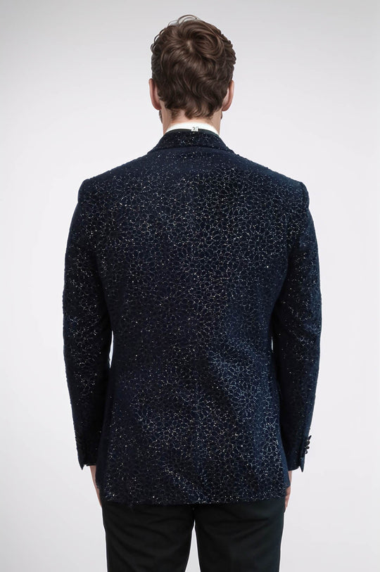 Men’s Midnight Navy Glitter Floral Jacquard Slim Fit Peak Lapel Dinner Jacket