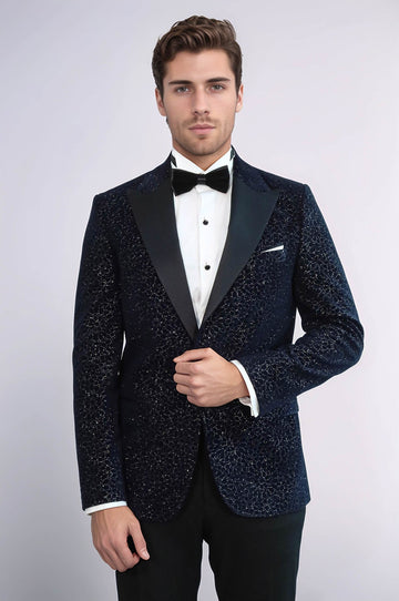 Men’s Midnight Navy Glitter Floral Jacquard Slim Fit Peak Lapel Dinner Jacket