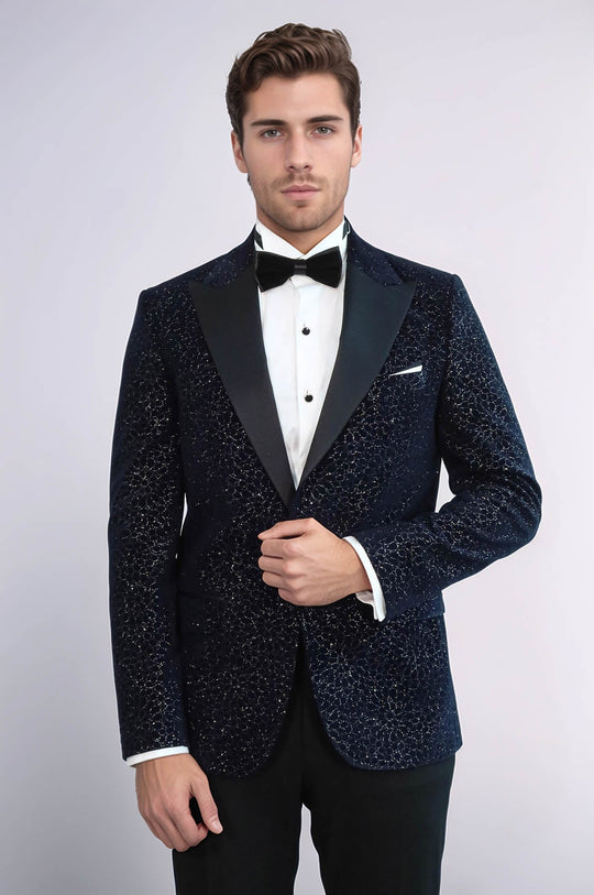 Men’s Midnight Navy Glitter Floral Jacquard Slim Fit Peak Lapel Dinner Jacket