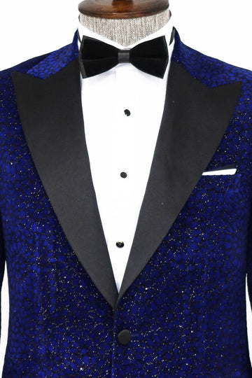 Men’s Sax Blue Glitter Floral Dinner Jacket – Slim Fit with Black Satin Peak Lapels