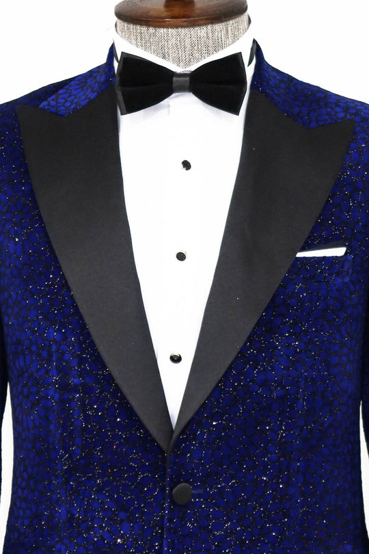 Men’s Sax Blue Glitter Floral Dinner Jacket – Slim Fit with Black Satin Peak Lapels