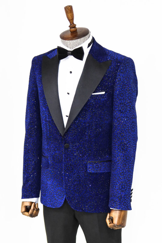 Men’s Sax Blue Glitter Floral Dinner Jacket – Slim Fit with Black Satin Peak Lapels
