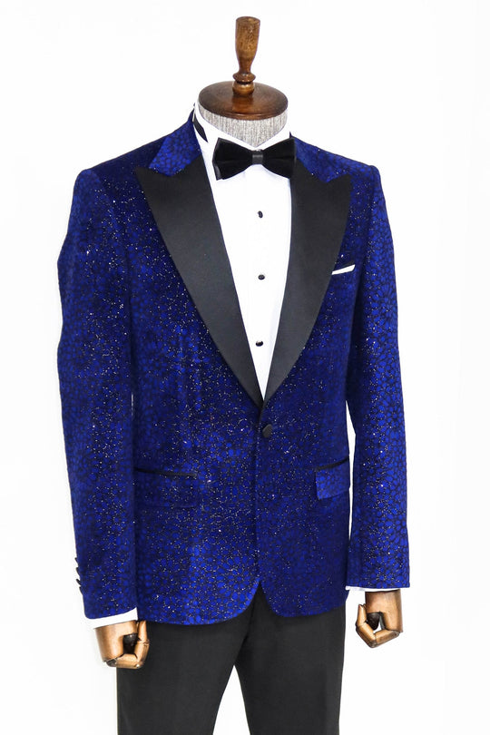 Men’s Sax Blue Glitter Floral Dinner Jacket – Slim Fit with Black Satin Peak Lapels