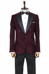 Men’s Claret Burgundy Glitter Floral Dinner Jacket – Slim Fit with Black Satin Peak Lapels