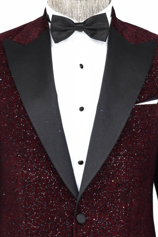 Men’s Claret Burgundy Glitter Floral Dinner Jacket – Slim Fit with Black Satin Peak Lapels