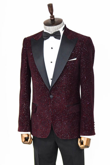 Men’s Claret Burgundy Glitter Floral Dinner Jacket – Slim Fit with Black Satin Peak Lapels