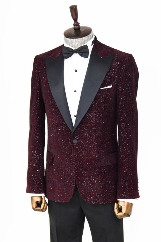 Men’s Claret Burgundy Glitter Floral Dinner Jacket – Slim Fit with Black Satin Peak Lapels