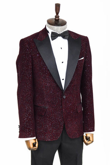 Men’s Claret Burgundy Glitter Floral Dinner Jacket – Slim Fit with Black Satin Peak Lapels