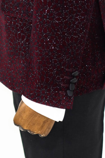 Men’s Claret Burgundy Glitter Floral Dinner Jacket – Slim Fit with Black Satin Peak Lapels