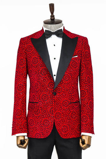 Red patterned tuxedo jacket with black lapels on a mannequin against a white background