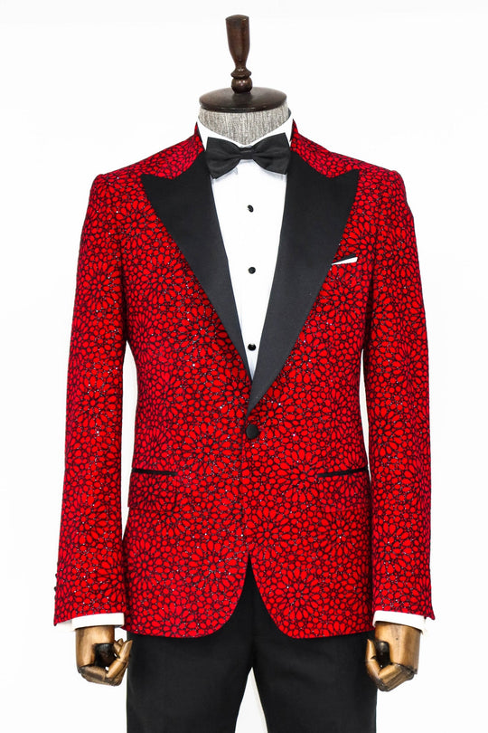 Red patterned tuxedo jacket with black lapels on a mannequin against a white background