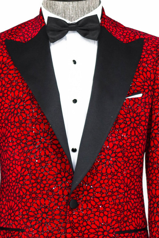 Men’s Radiant Red Glitter Floral Dinner Jacket – Slim Fit with Black Satin Peak Lapels