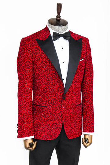 Men’s Radiant Red Glitter Floral Dinner Jacket – Slim Fit with Black Satin Peak Lapels