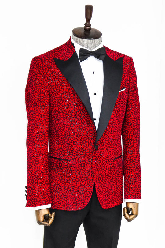 Men’s Radiant Red Glitter Floral Dinner Jacket – Slim Fit with Black Satin Peak Lapels